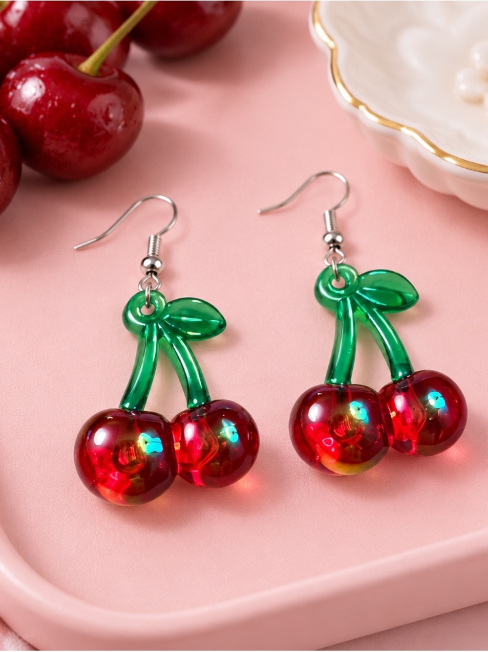 Fashion Jewelry Red Cherry Dangle Earrings with Green Stems - Women Jewelry